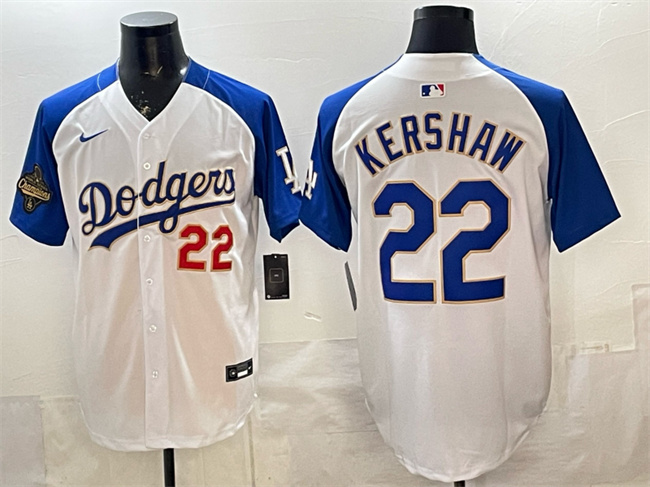 Men's Los Angeles Dodgers #22 Clayton Kershaw White/Royal 2025 World Series Champions Patch Limited Stitched Baseball Jersey Men's Los Angeles Dodgers #22 Clayton Kershaw White/Royal 2025 World Series Champions Patch Limited Stitched Baseball Jersey
